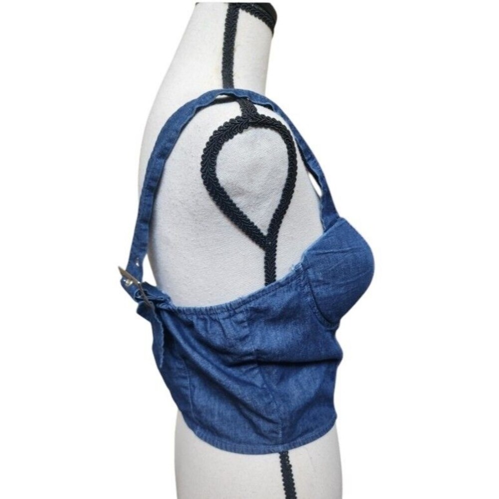 New Mix Medium Crop Bustier Corset Top Denim Front Zip Adjustable Shoulder Strap - Picture 3 of 7